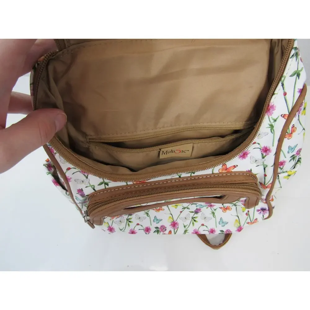 Multisac Major Backpack Floral Butterflies White Brown Multi Pocketed Adjustable